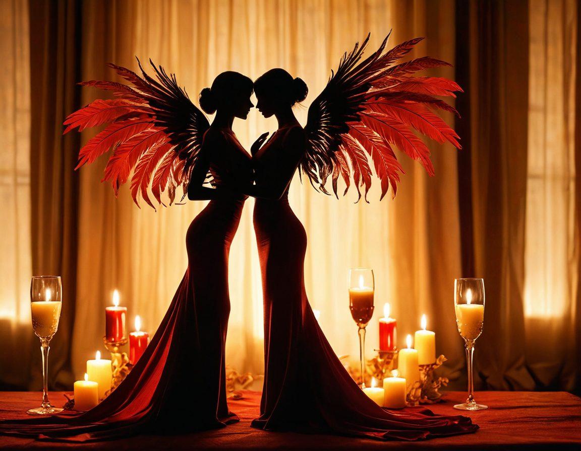 A visually enticing scene depicting silhouette figures sharing an intimate moment against a backdrop of alluring candlelight and soft, flowing fabrics, intertwined with vibrant red and gold hues symbolizing desire and passion. Subtle hints of playful items, like a feather and a wine glass, add an element of intrigue, inviting viewers to explore the themes of casual encounters and intimacy. Evoke a sense of warmth and connection. dreamy atmosphere. romantic style. vibrant colors.