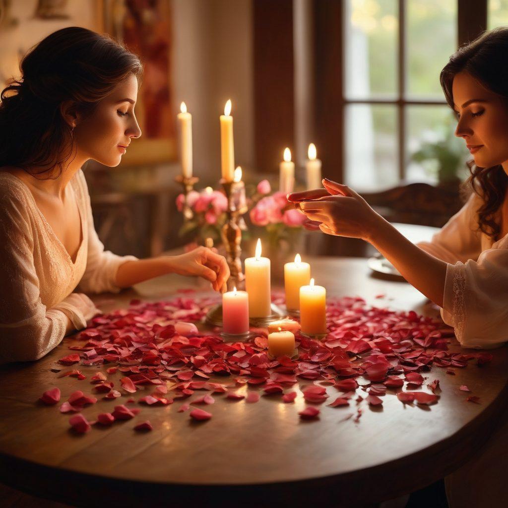 A soft, romantic scene featuring a dimly lit dinner table adorned with candles and rose petals, with two silhouettes leaning close together, their hands gently touching. The background is filled with warm colors, suggestive of intimacy and connection. Include subtle hints of aromatic spices like cinnamon and vanilla swirling in the air. Capture the essence of seduction and romance. oil painting. warm tones. soft focus.