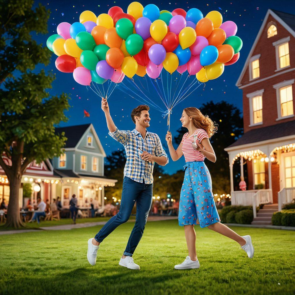 A whimsical illustration of a couple engaging in fun and playful dating activities, like picnic in a park with balloons and a Frisbee, exploring a vibrant city with ice cream cones, and dancing under twinkling lights at sunset. The background should be filled with colorful hearts and cheerful elements that symbolize love and adventure. playful and imaginative style. vibrant colors. 3D.